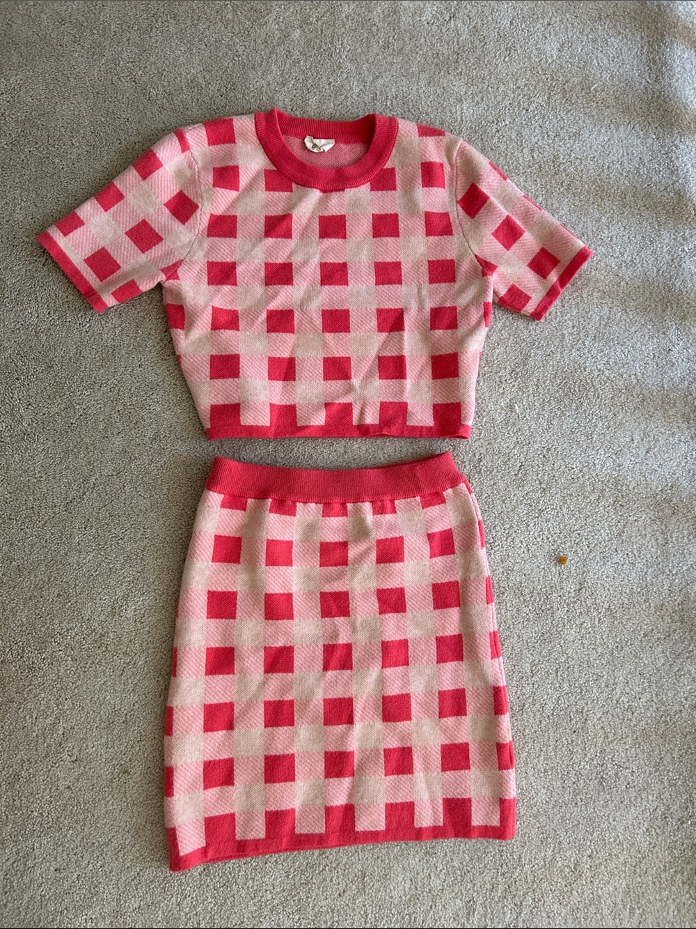Lena Pink and Red Checkered Knit Skirt Set